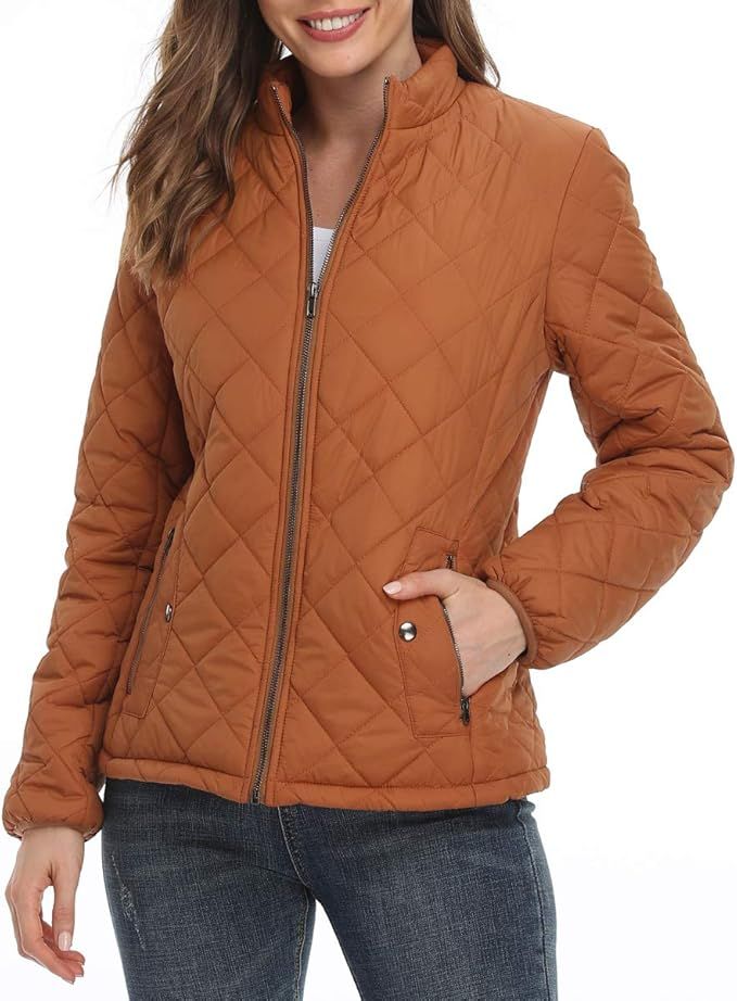 PEIQI Women's Quilted Jacket Coat Outwear Zip-up Stand Collar Padded Jacket with Pockets | Amazon (US)