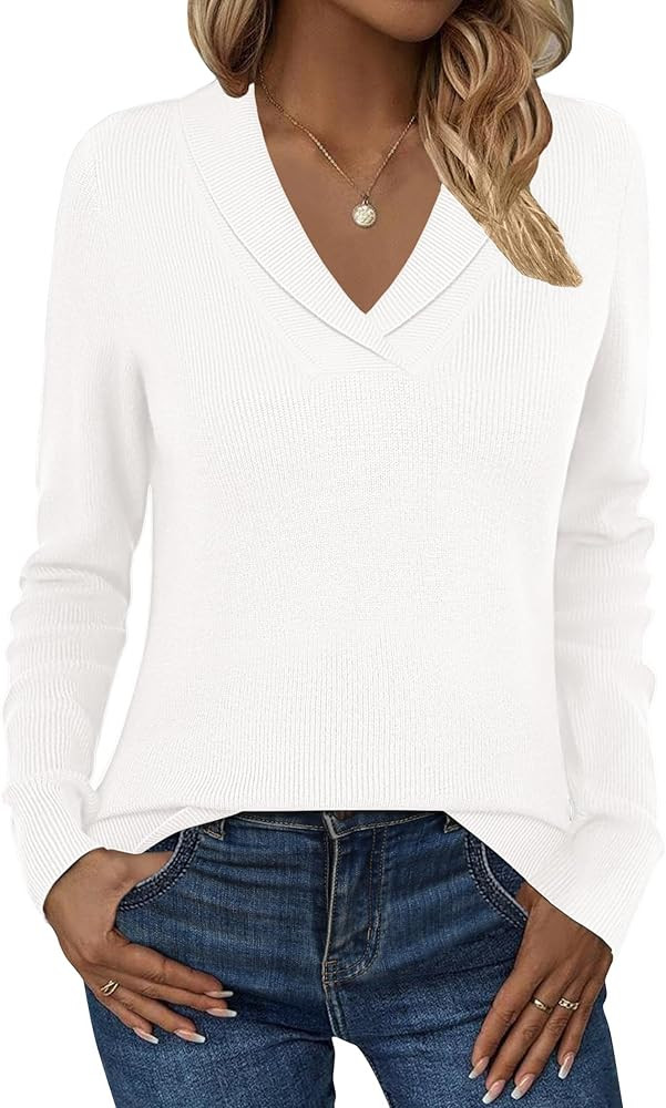 Zeagoo Womens Sweaters Fall Fashion 2025 Long Sleeve Tops V Neck Business Casual Collared Knit Tu... | Amazon (US)