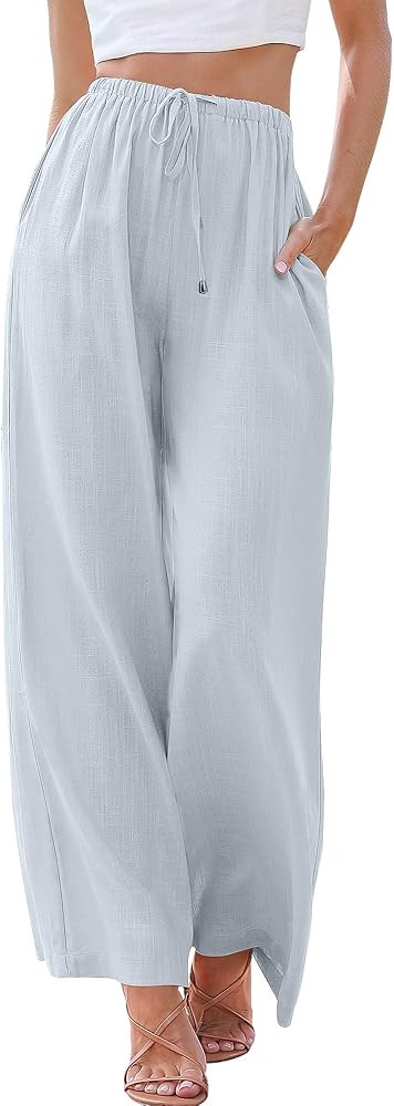 ANRABESS Women's Linen Summer Palazzo Pants Elastic Waist Casual Beach Trendy Wide Leg Trousers w... | Amazon (US)