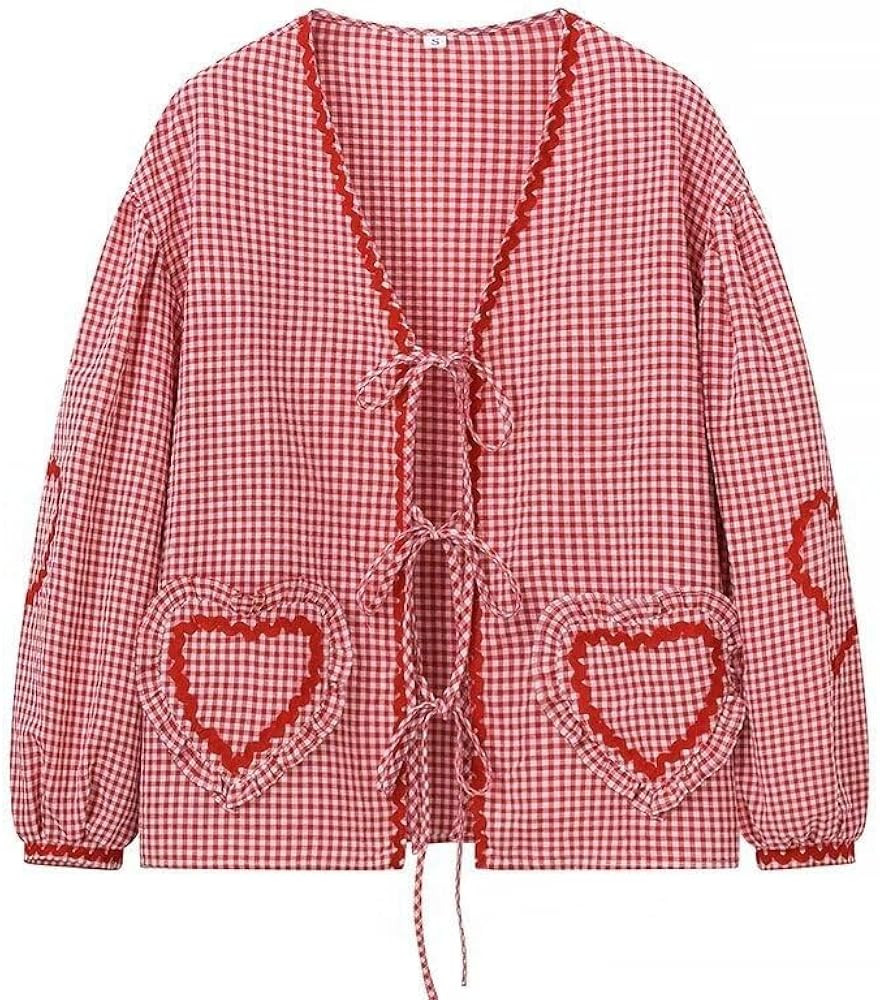 Women Bow Tie Front Shirt Top Y2K Cute Puff Sleeve Peplum Blouse Coquette Gingham Babydoll Cottag... | Amazon (US)