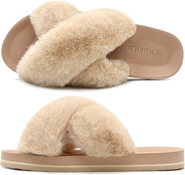 KUAILU Womens Fluffy Fur Slides Open Toe Slippers Fuzzy Cross Band Soft Yoga Mat Slippers Furry S... | Amazon (US)