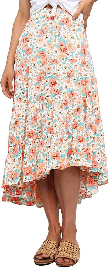 PRETTYGARDEN Women's Ditzy Floral Midi Boho Elastic High Waist Skirt | Amazon (US)