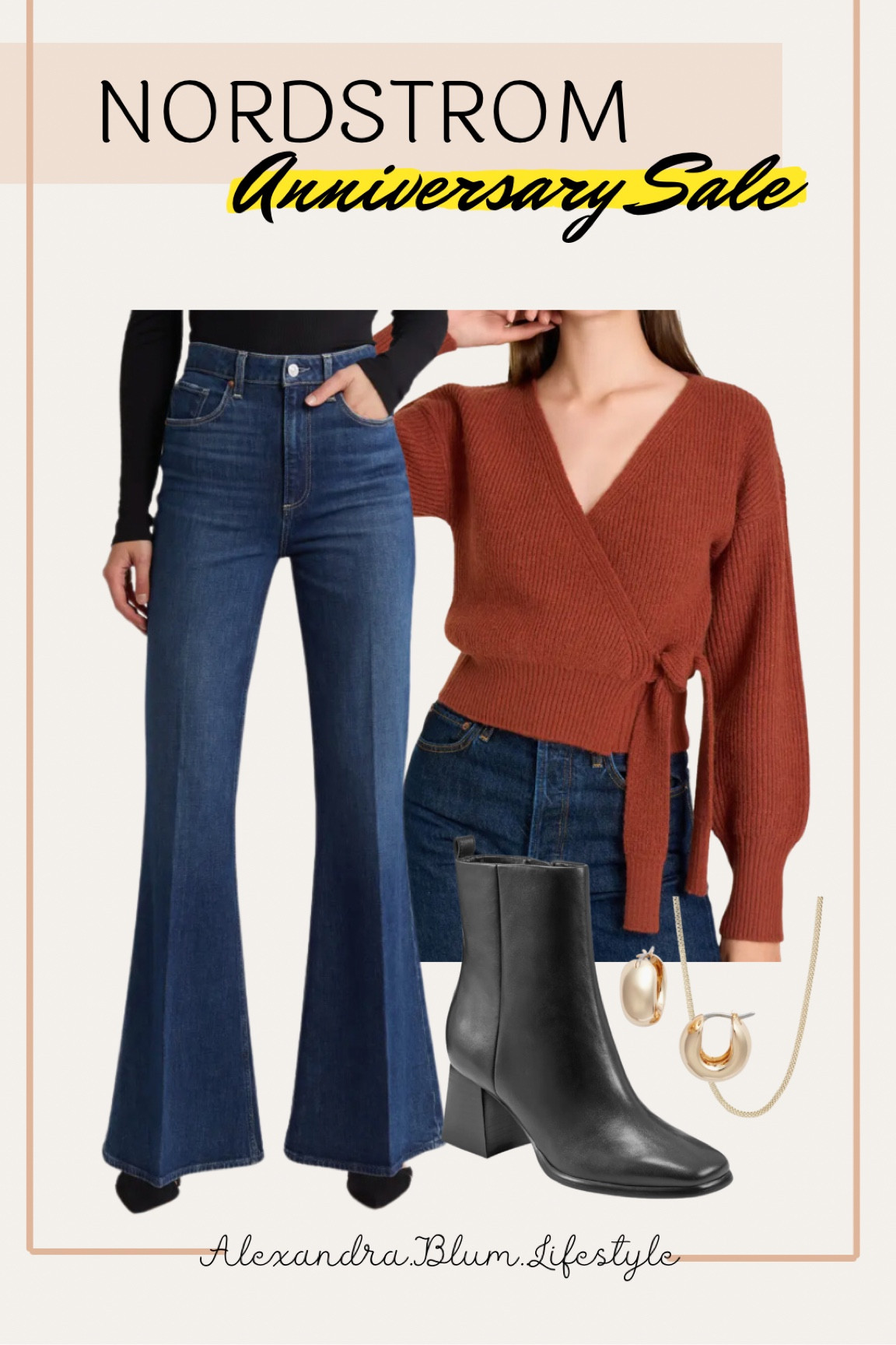 Fall winter outfit idea from the Nordstrom Anniversary sale event! Flare dark jeans, wrap tie waist sweater, black booties, and gold jewelry! 

#LTKWorkwear #LTKFindsUnder100 #LTKxNSale