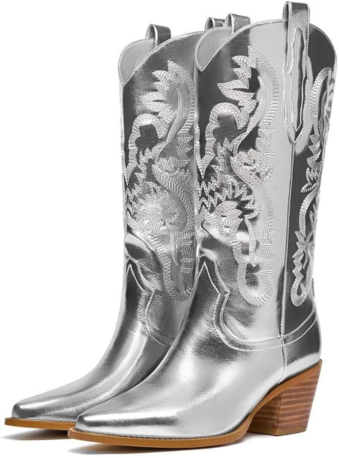 Cowboy Boots for Women - Metallic Mid Calf Cowgirl Boots with Embroidery Sparkly Western Wide Cal... | Amazon (US)