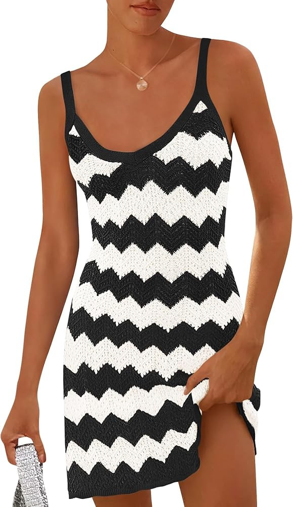 KIRUNDO Swimsuit Coverup for Women 2025 Summer Mini Crochet Knit Bathing Suit Striped Sleeveless ... | Amazon (US)