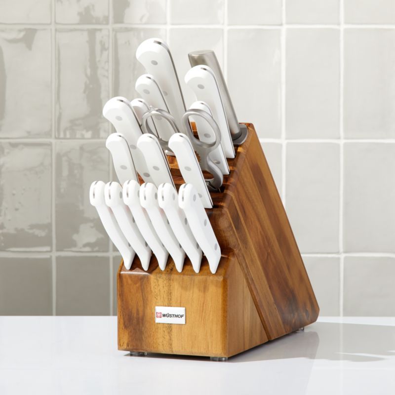 Wusthof Gourmet White 18-Piece Knife Set with Acacia Block | Crate and Barrel | Crate & Barrel