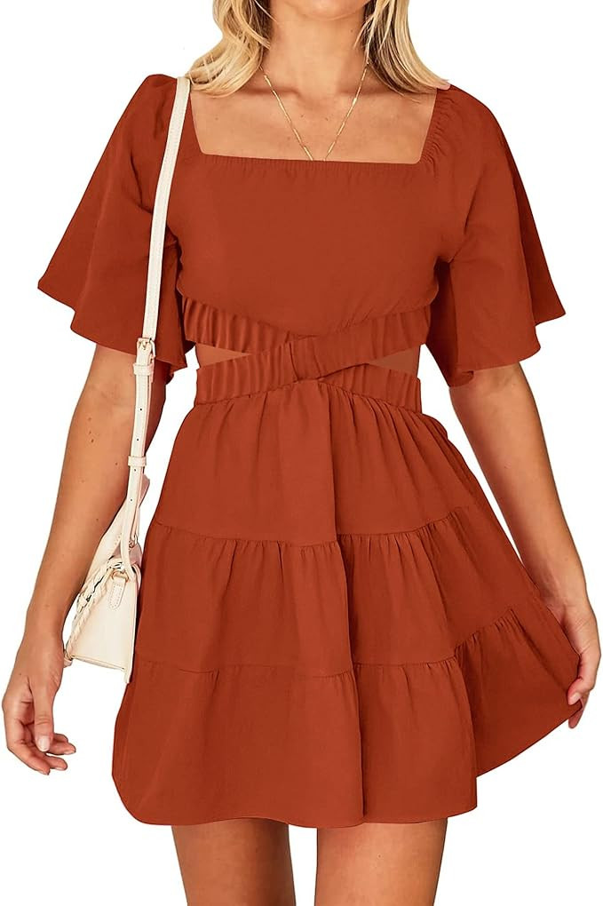 BTFBM Women Summer Dresses 2023 Square Neck Short Sleeve Cutout Crossover Waist Casual Party Tier... | Amazon (US)