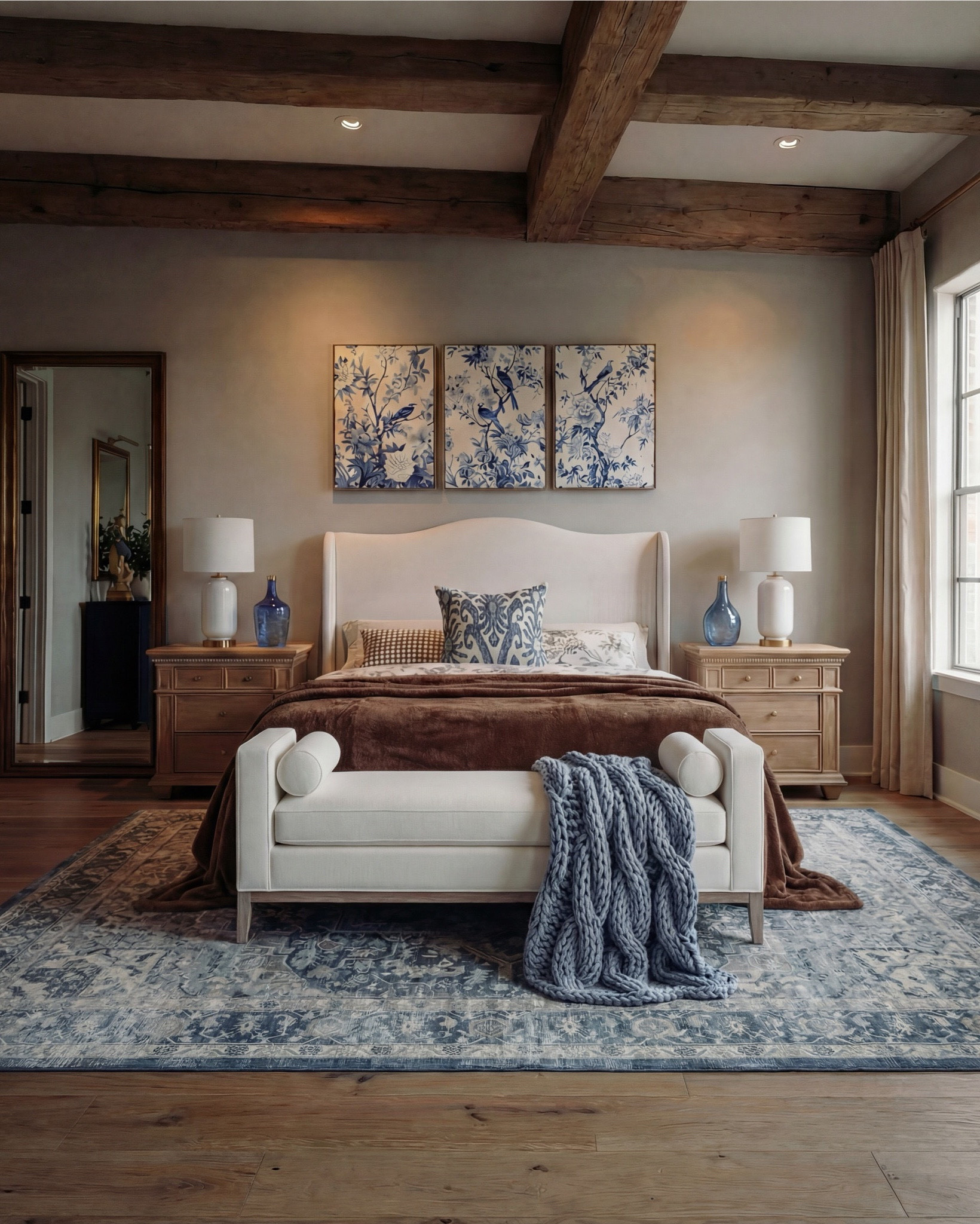 Shop the Look: Bedroom Refresh
• Upholstered bed frame (soft ivory fabric)
• Neutral bedding set (white and light beige)
• Brown throw blanket (plush or wool)
• Blue and ivory accent pillow
• Wood nightstands with drawers (warm oak tone)
• Ceramic table lamps (white base, white shade)
• Blue glass decorative vases
• Framed blue-and-white botanical wall art (set of three)
• Upholstered bench with fluted wood base
• Traditional patterned blue area rug 
• Floor-length neutral curtains
• Wood ceiling beams (natural stained finish)
• Brass decor bowl all catch
• White and blue decor beads 
Blue knitted throw blanket
•wood dresser
•white pedestal bowl
•white terracotta lamp
•round white table decor
•white terracotta vase
•white upholstered wood accent chair
•white terracotta pedestal bowl

#LTKhome #LTKsale #LTKstyletip