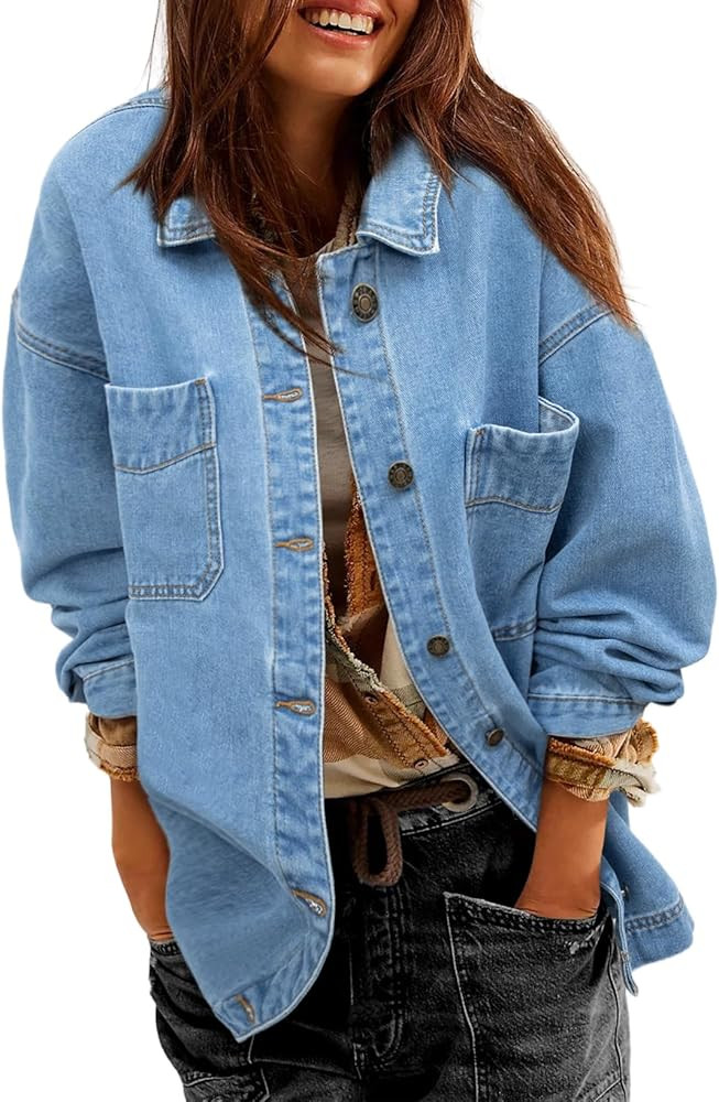 Sidefeel Women's Jean Jacket Oversized Boyfriend Button Up Long Sleeve Split Zimbaplatinum Denim ... | Amazon (US)
