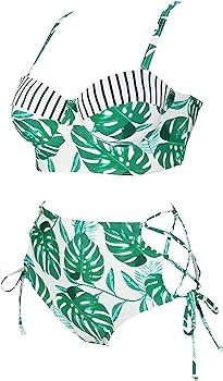 Women's Palm Leaf High Waist Bikini Set Padded Bra Bather Side Bandage Straps Two Piece Bath Swim... | Amazon (US)