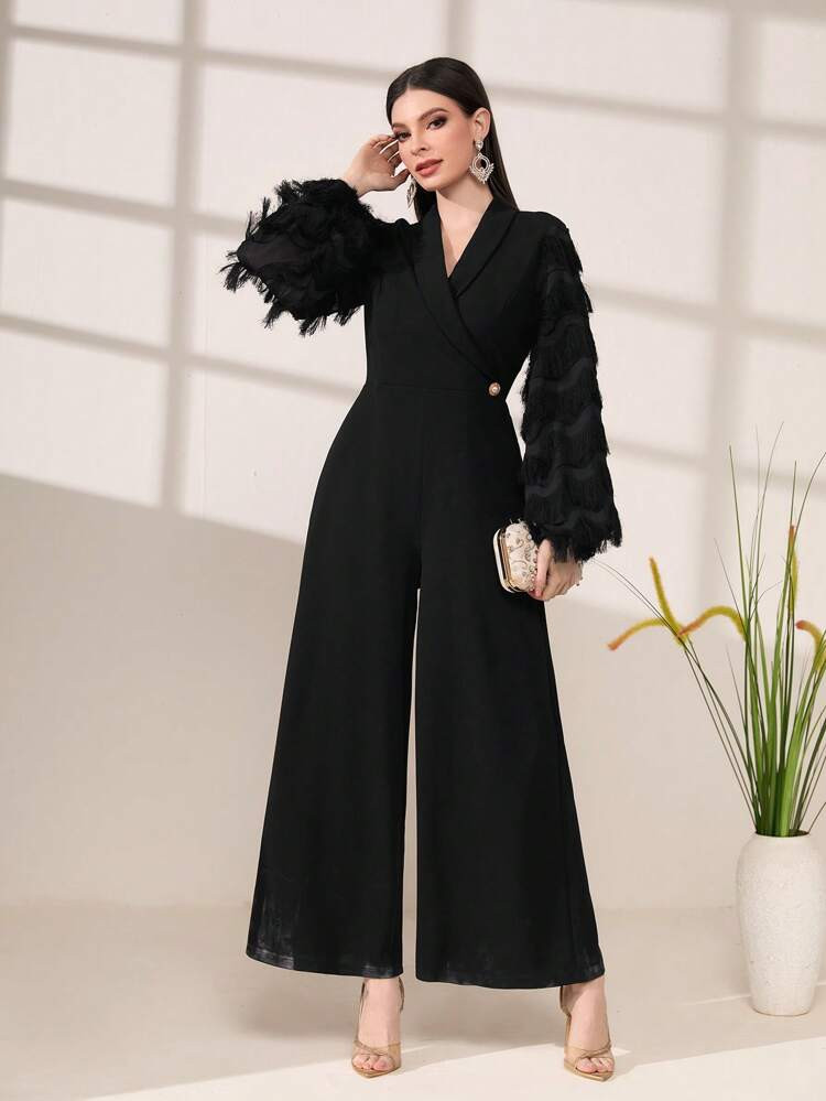 SHEIN Modely Shawl Collar Lantern Sleeve Wide Leg Jumpsuit | SHEIN