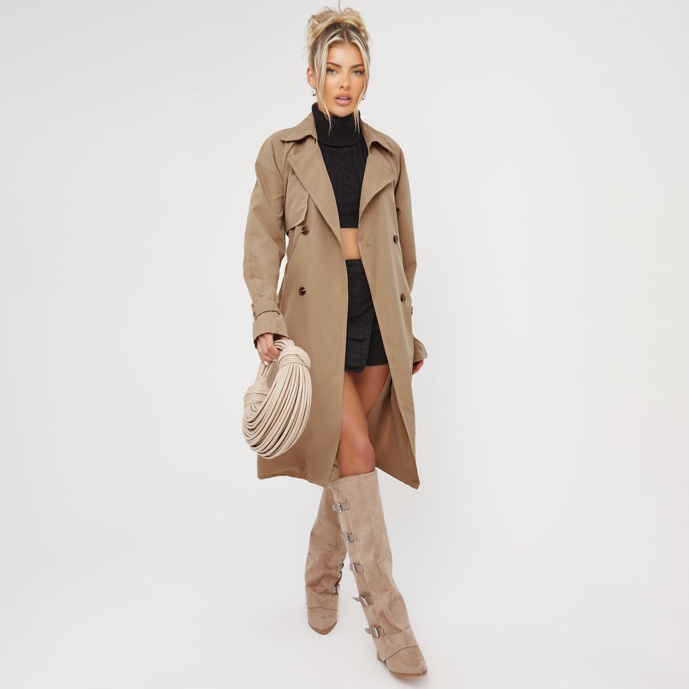 Button Detail Belted Midi Trench Coat In Beige | EGO Shoes (US & Canada)