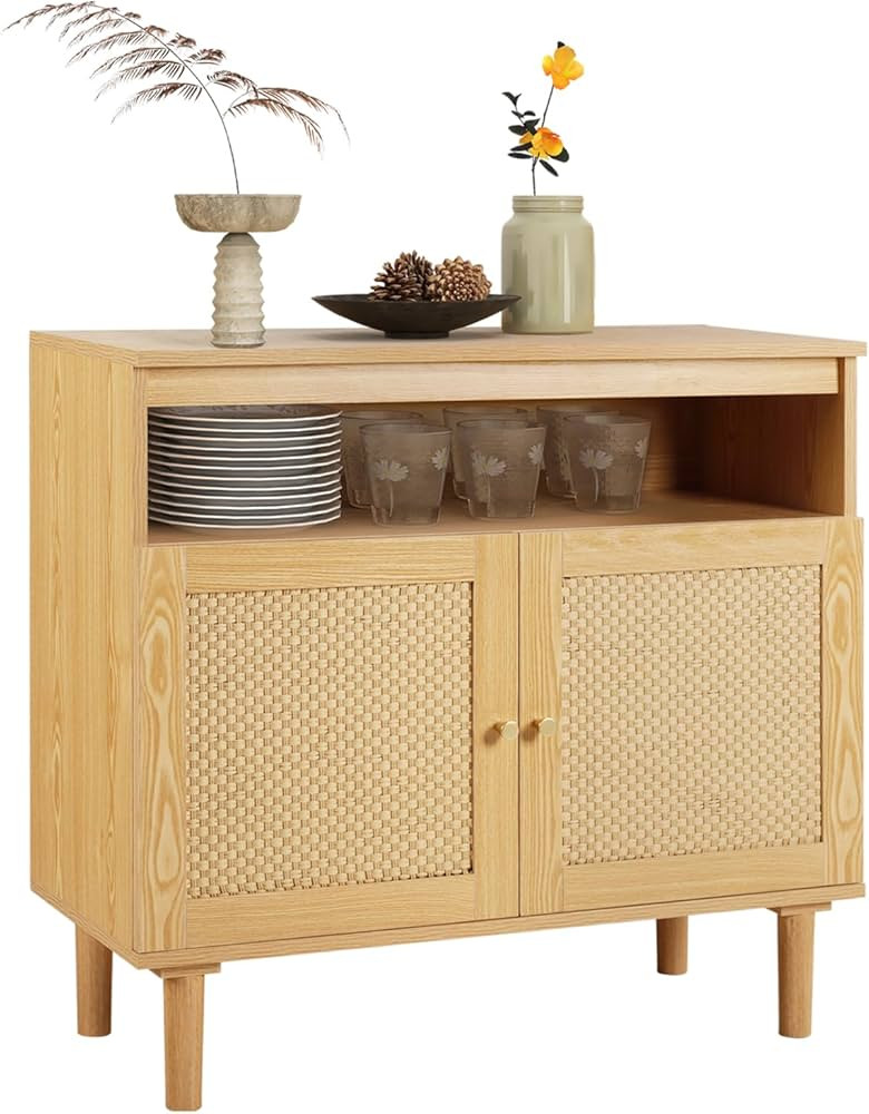 TYBOATLE Modern Buffet Cabinet with Storage, Boho Farmhouse Accent Sideboard with 2 Kraft Woven R... | Amazon (US)