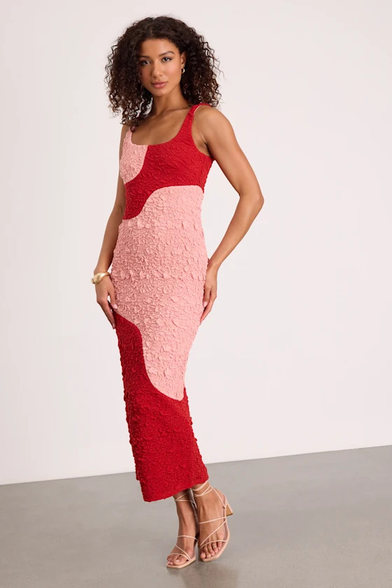 Instantly Adored Red and Pink Color Block Textured Midi Dress | Lulus