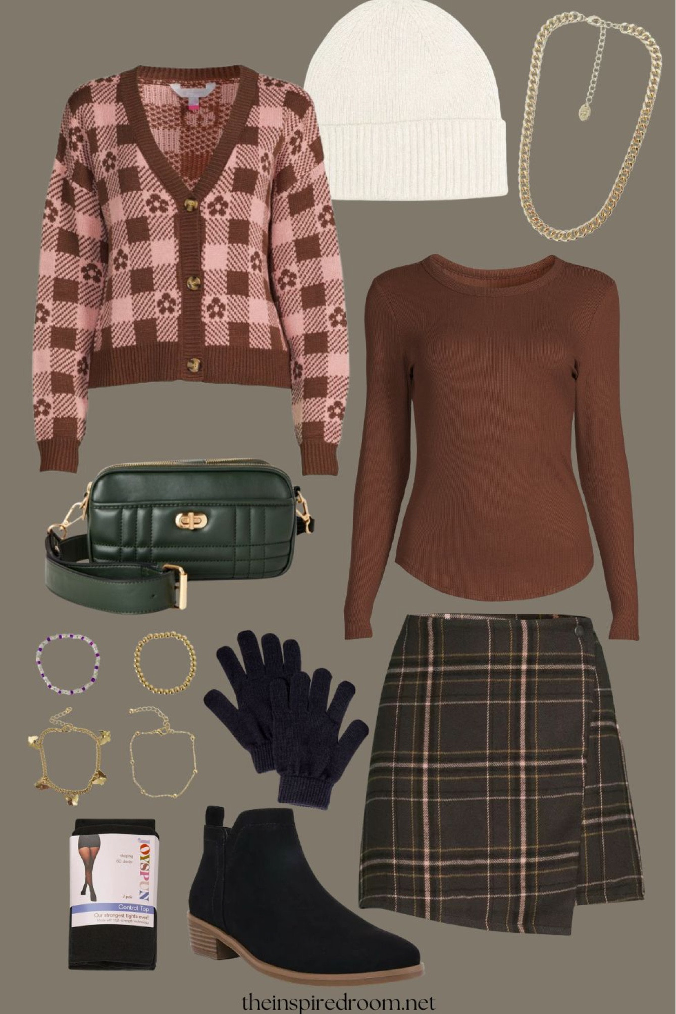 Cute fall/winter outfit all from @walmartfashion #ad - Pink checkered floral v neck cardigan, the softest ribbed brown long sleeve shirt (great basic, sooooo soft and comes in lots of colors), cozy plaid flannel faux wrap skirt (color options), black ankle boots that are really comfy memory foam, perfect versatile knit beanie, high waisted tights, gold chain necklace and more jewelry, gloves. See these looks on the blog today theinspiredroom.net

#LTKstyletip #LTKHoliday #LTKSeasonal