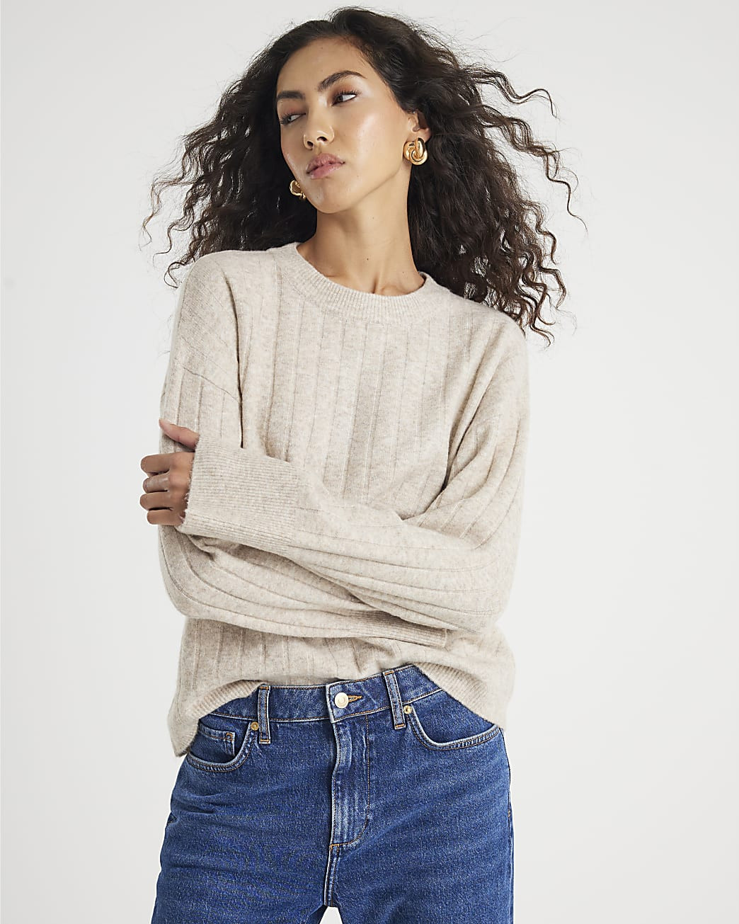 Beige Knit Crew Neck Ribbed Jumper | River Island UK & IE