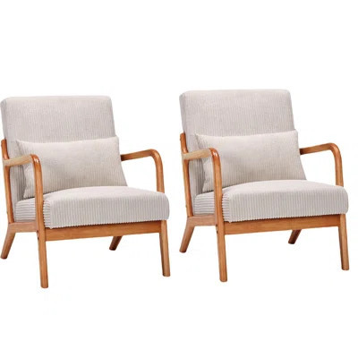 Solid Wood Armrests Accent Chair Set Of 2,Upholstered Mid Century Modern Chair With Pillow | Wayfair North America