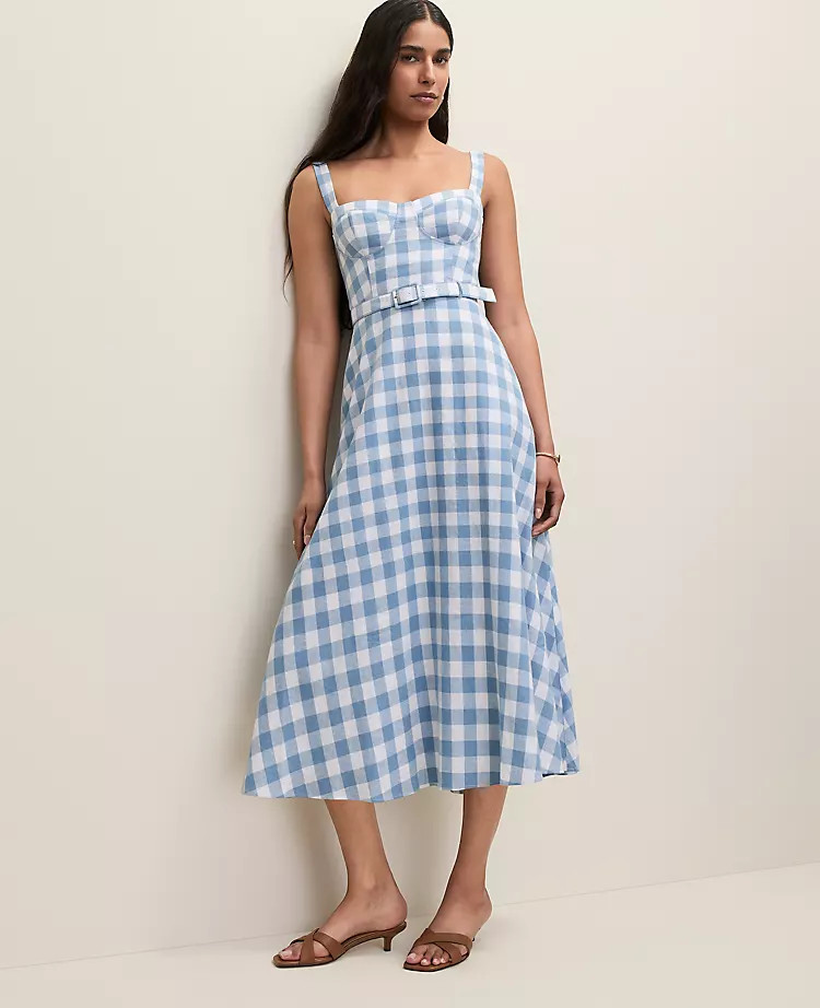 Gingham Belted Midi Dress in Linen Blend | Ann Taylor