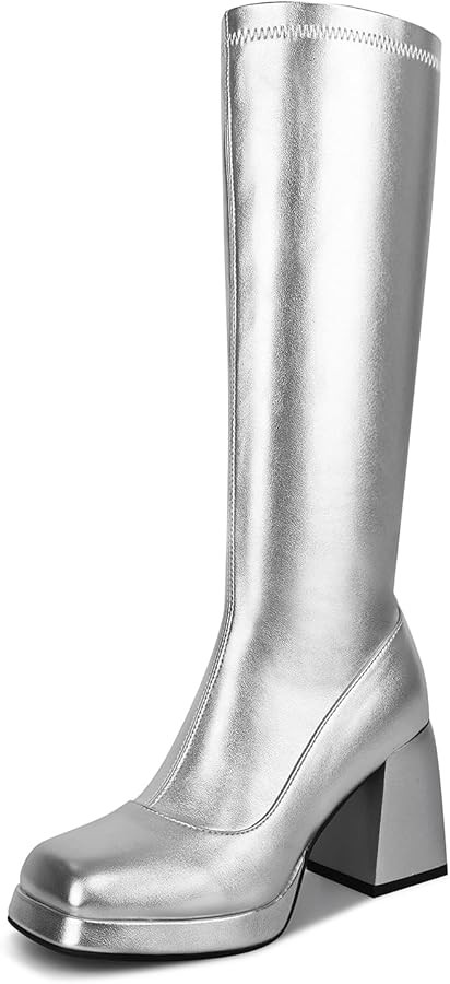 Knee High Gogo Boots, with Square Toe, Side Zipper and Chunky Heel Design for 60 70's Party | Amazon (US)