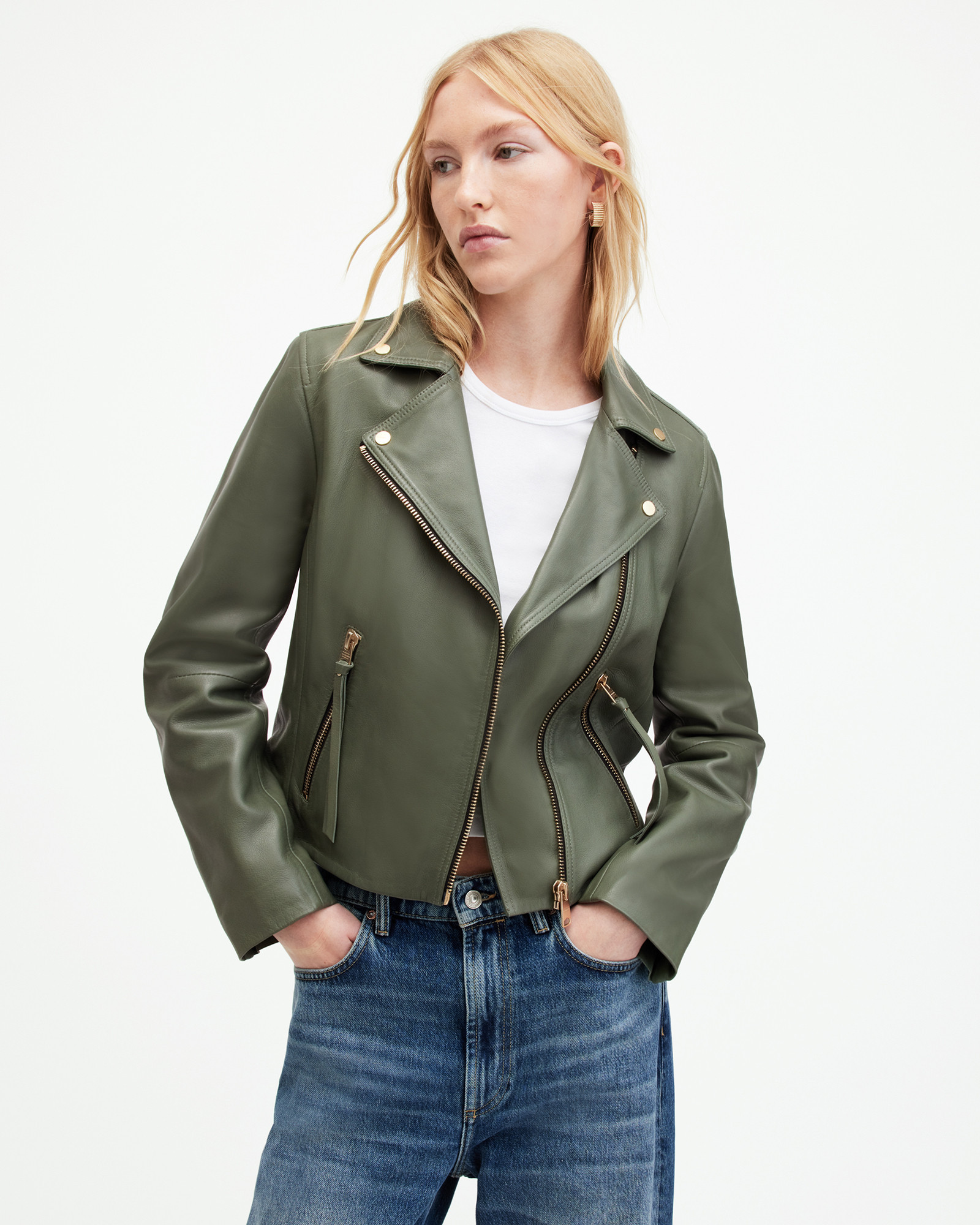 Dalby Slim Fit Leather Biker Jacket DEEP SAGE GREEN | ALLSAINTS US | AllSaints US