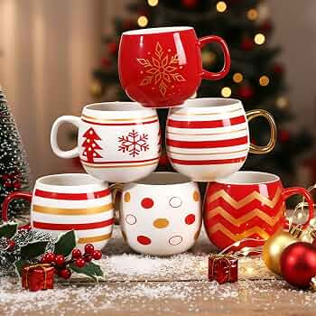 Jinei 6 Pcs Christmas Mug Set Christmas Ball Coffee Mug, Gold,Red, Retro | Amazon (US)