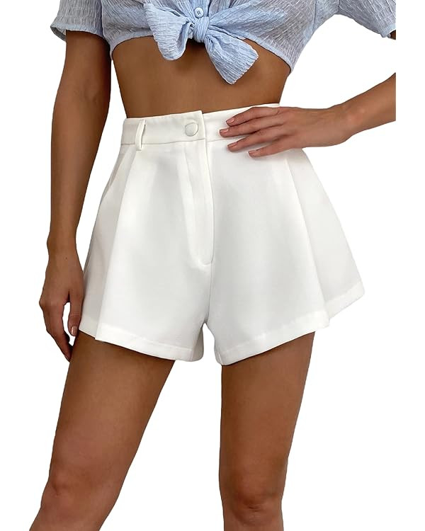 Floerns Women's Solid High Waisted Wide Leg Casual Pleated Shorts with Pocket | Amazon (US)
