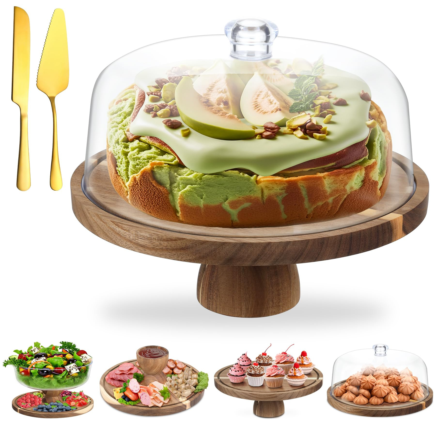 Acacia Wood Cake Stand with Lid, 12'' Round Cake Holder with Clear Acrylic Cover, 2 in 1 Dessert ... | Amazon (US)