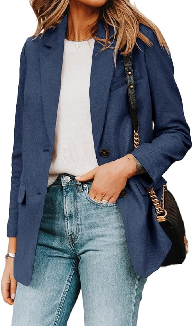 Cnkwei Womens Casual Long Sleeve Blazers Lapel Collar Buttons Work Office Open Front Jacket | Amazon (US)