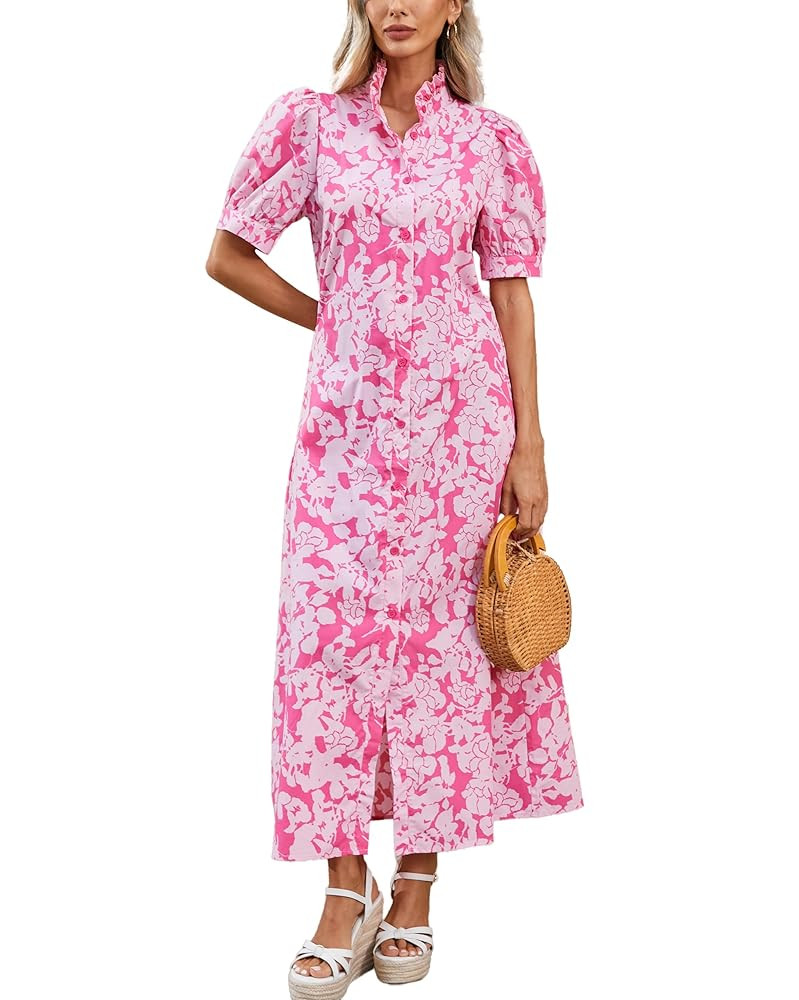 Women's Floral Button Down Shirt Midi Dress Casual Puff Sleeve Ruffle Collar Dress Summer Beach P... | Amazon (US)