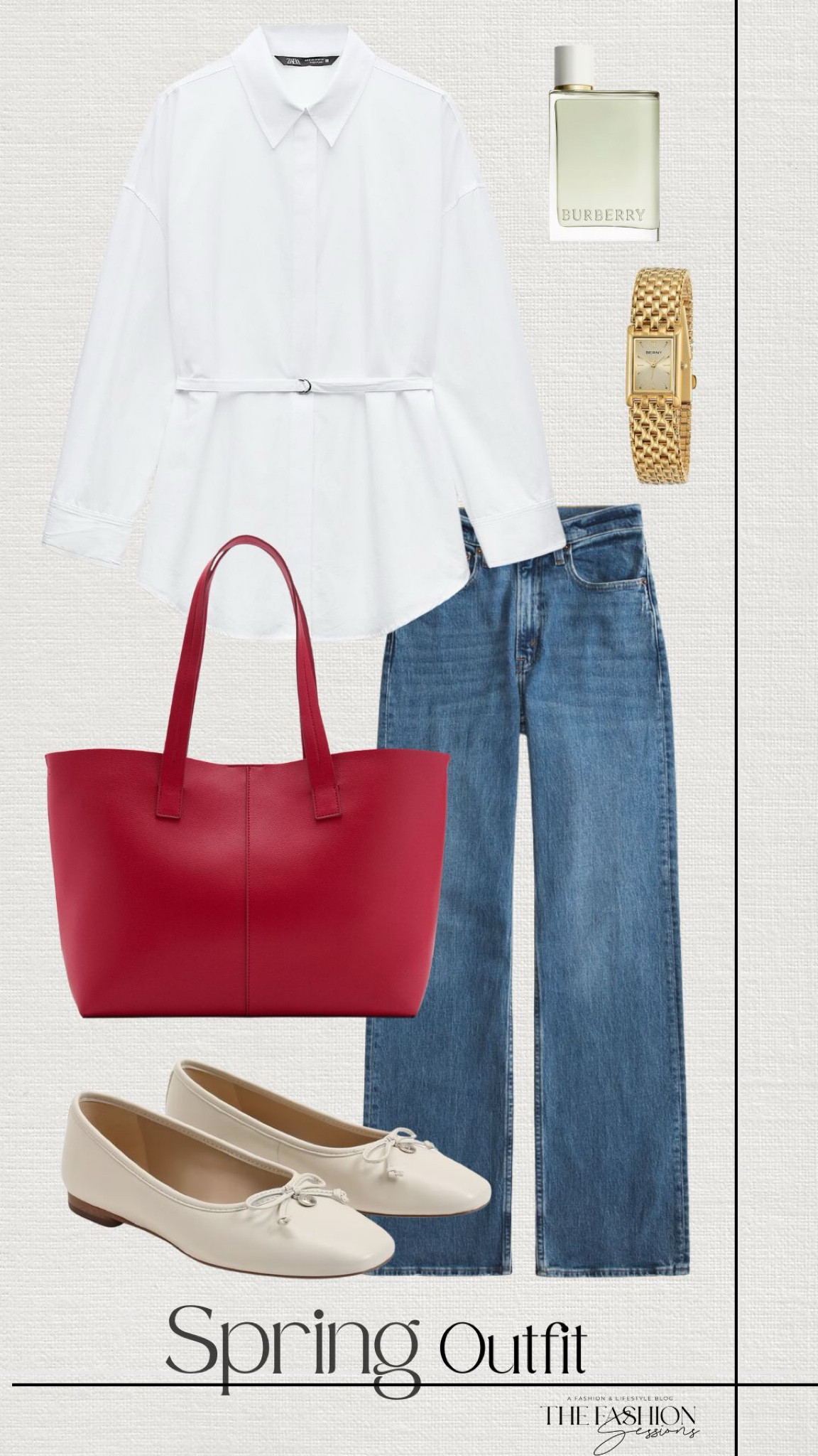 Spring Outfit | White Belted Button Down | Denim Jeans | Red Tote Bag | Ballet Flats | Burberry Perfume | 

#LTKSeasonal #LTKStyleTip #LTKShoeCrush
