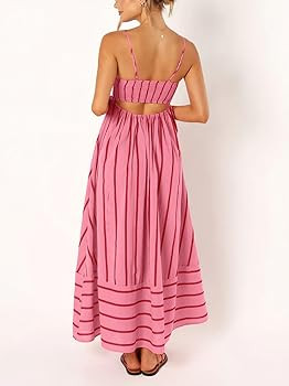chouyatou Women's Striped Back Smocked Maxi Dress Sexy Spaghetti Strap Cut Out Flowy Swing Long D... | Amazon (US)