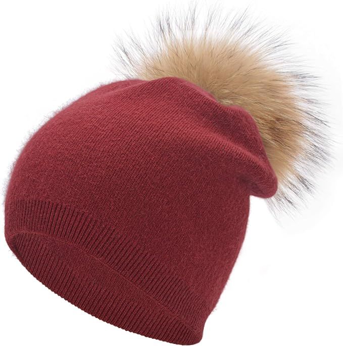 Double Layer Cashmere Slouchy Beanie - Real Fur Pom Pom Winter Knit Beanie Hat for Women Cashmere... | Amazon (US)