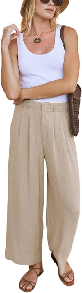 Hooever High Waist Wide Leg Linen Pants for Women Casual Palazzo Pants Office Work Flowy Dress Pa... | Amazon (US)