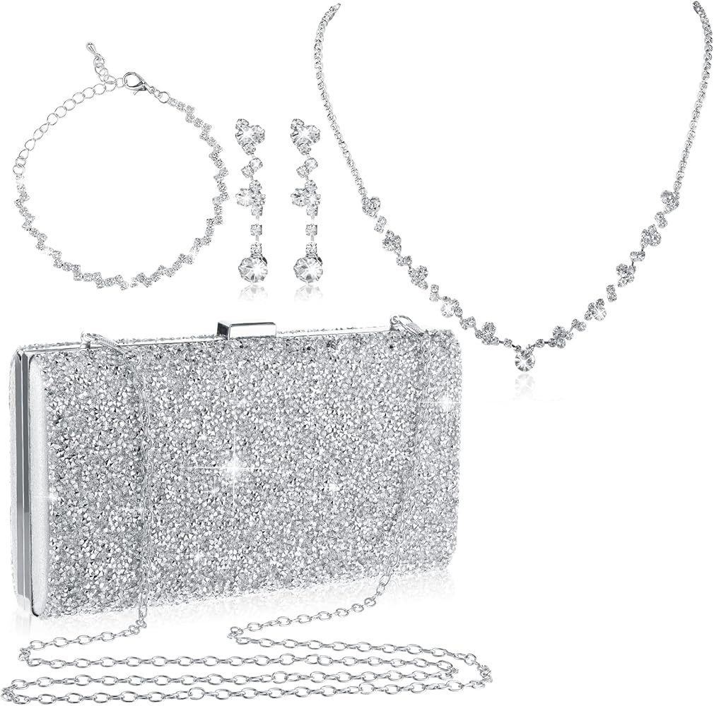 Mixweer 4 Pieces Clutch Purses Bag for Women Evening Rhinestone Jewelry Set Bling Necklace Earrin... | Amazon (US)