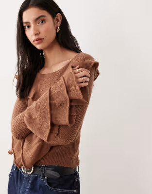 Glamorous ruffle thin knit top in brown | ASOS (Global)