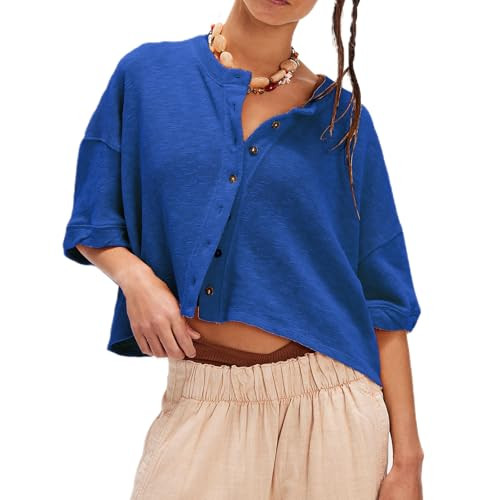 Womens Free Loose Fit Open Front Button Down People FP Dupes Tee Drop Shoulder 3/4 Half Wide Shor... | Amazon (US)