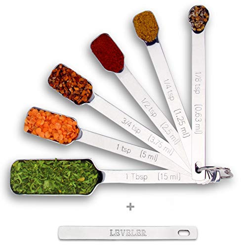 2lbDepot Measuring Spoons Set of 7 Includes Bonus Leveler, Premium, Rust Proof, Heavy Duty, Chrome Plated, Stainless Steel Metal, Narrow, Long Handle Design fits into Spice Jars | Amazon (US)