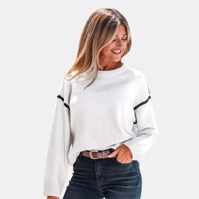 Women's Chic White Knit Sweater with Zigzag Stripes - Cupshe-L-White | Target