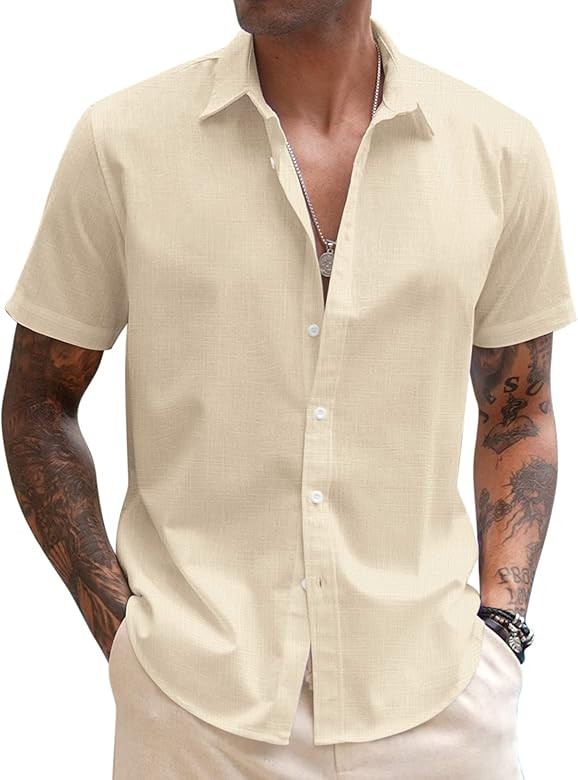 COOFANDY Men's Linen Casual Short Sleeve Shirts Button Down Summer Beach Shirt | Amazon (US)