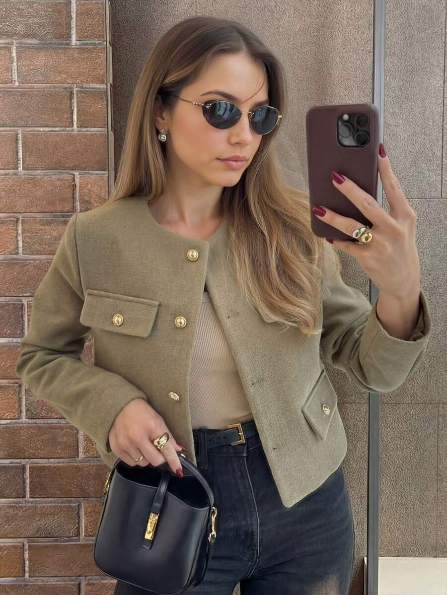 TRAFZA Women's Elegant Casual Tweed Jacket Spring Round Neckline Decorated Long Sleeves Solid Col... | SHEIN