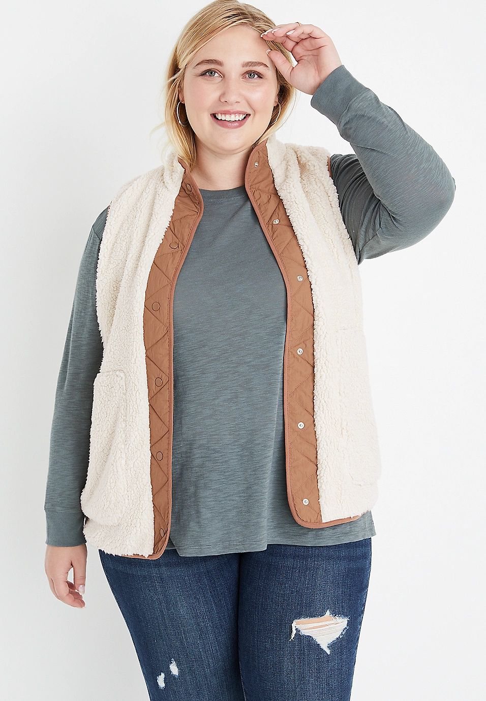 Plus Size White Sherpa Vest | Maurices