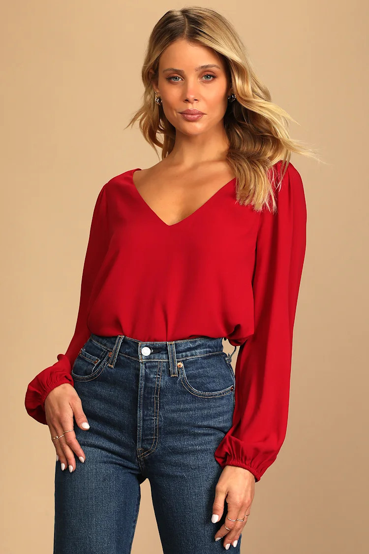 Stylish and Sincere Berry Red Long Sleeve V-Neck Top | Lulus