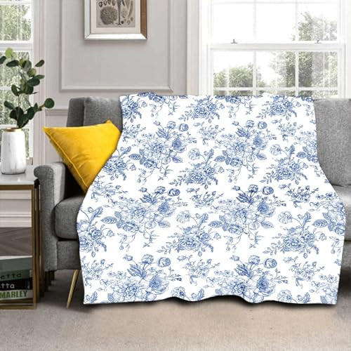 Blue Floral Blanket 60"x50" Blue and White Vintage Flower Pattern Design Print Throw Blanket Lightweight Warm Soft Blanket Farmhouse Seasonal Decor for Home Living Room Sofa Couch Bed | Amazon (US)