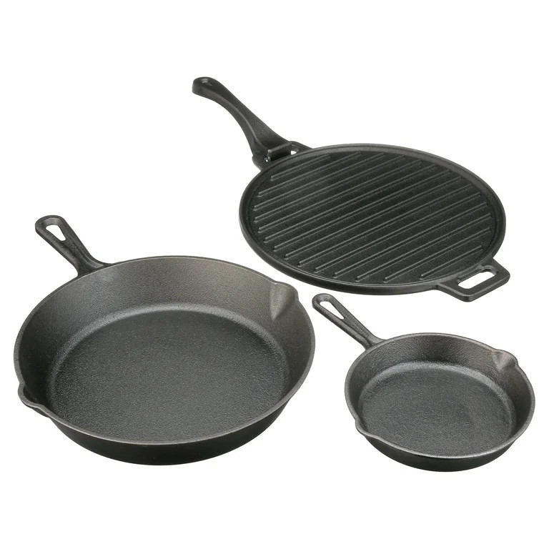 Ozark Trail 4-Piece Cast Iron Skillet Set with Handles and Griddle, Pre-Seasoned, 6", 10.5", 11" | Walmart (US)