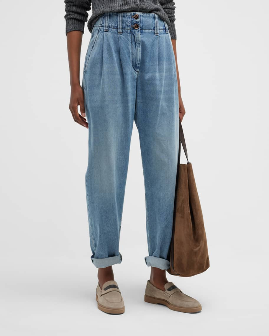 Brunello Cucinelli High-Waisted Barrel-Leg Denim Pants | Neiman Marcus