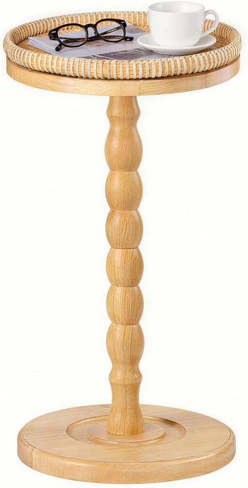 iFaveorr Rattan Round Side Table, Rubberwood‌ Small Drink Table for Small Spaces, Solid Wood Pe... | Amazon (US)