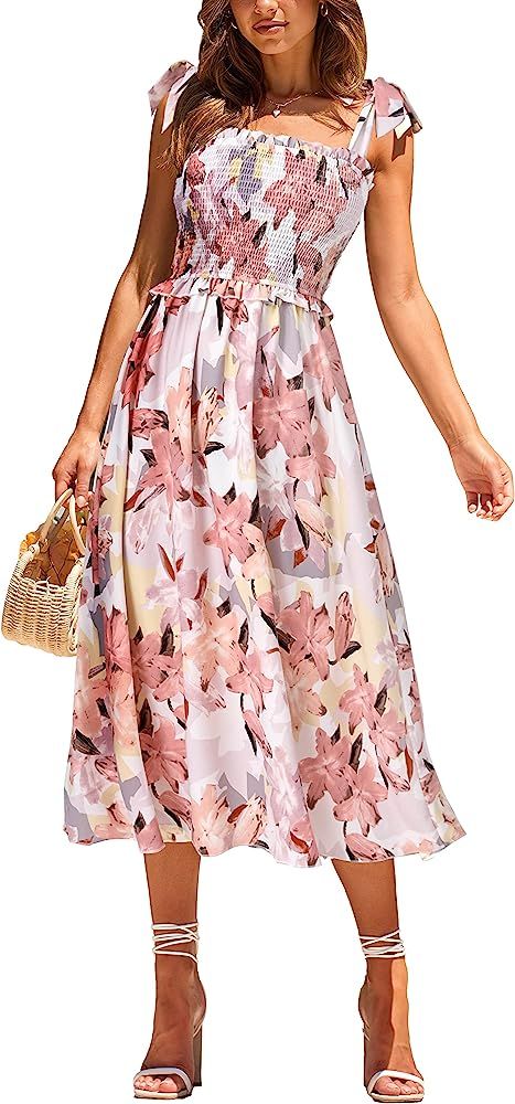 PRETTYGARDEN Women Summer Dresses 2024 Tie Strap Square Neck Smocked Ruffle Flowy Floral Print Bo... | Amazon (US)