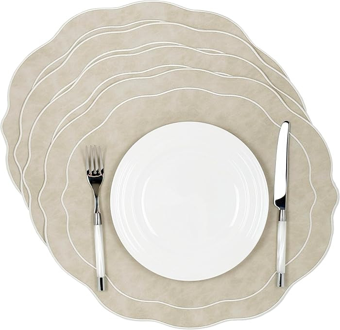 Embroidered Scalloped Faux Leather Wipeable Placemats Set of 4, Ivory | Amazon (US)