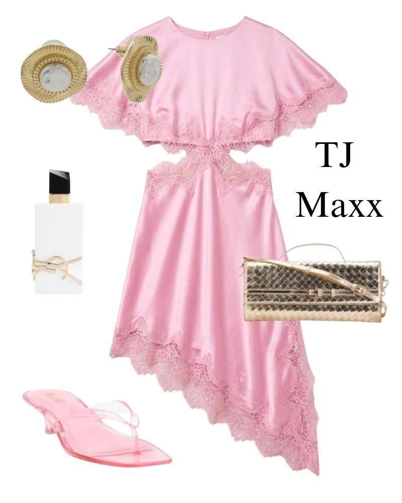 T.J. Maxx outfit idea, pink satin lace, cut out dress, Saint Laurent, perfume, golden white earrings, gold clutch, jelly, heels, date night, summer.

#LTKSaleAlert #LTKootd