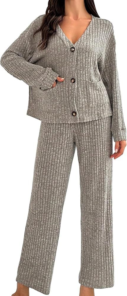 MakeMeChic Women's Lounge Set 2 Piece Ribbed Pajamas Set V Neck Button Down Top Pants Sleepwear | Amazon (US)